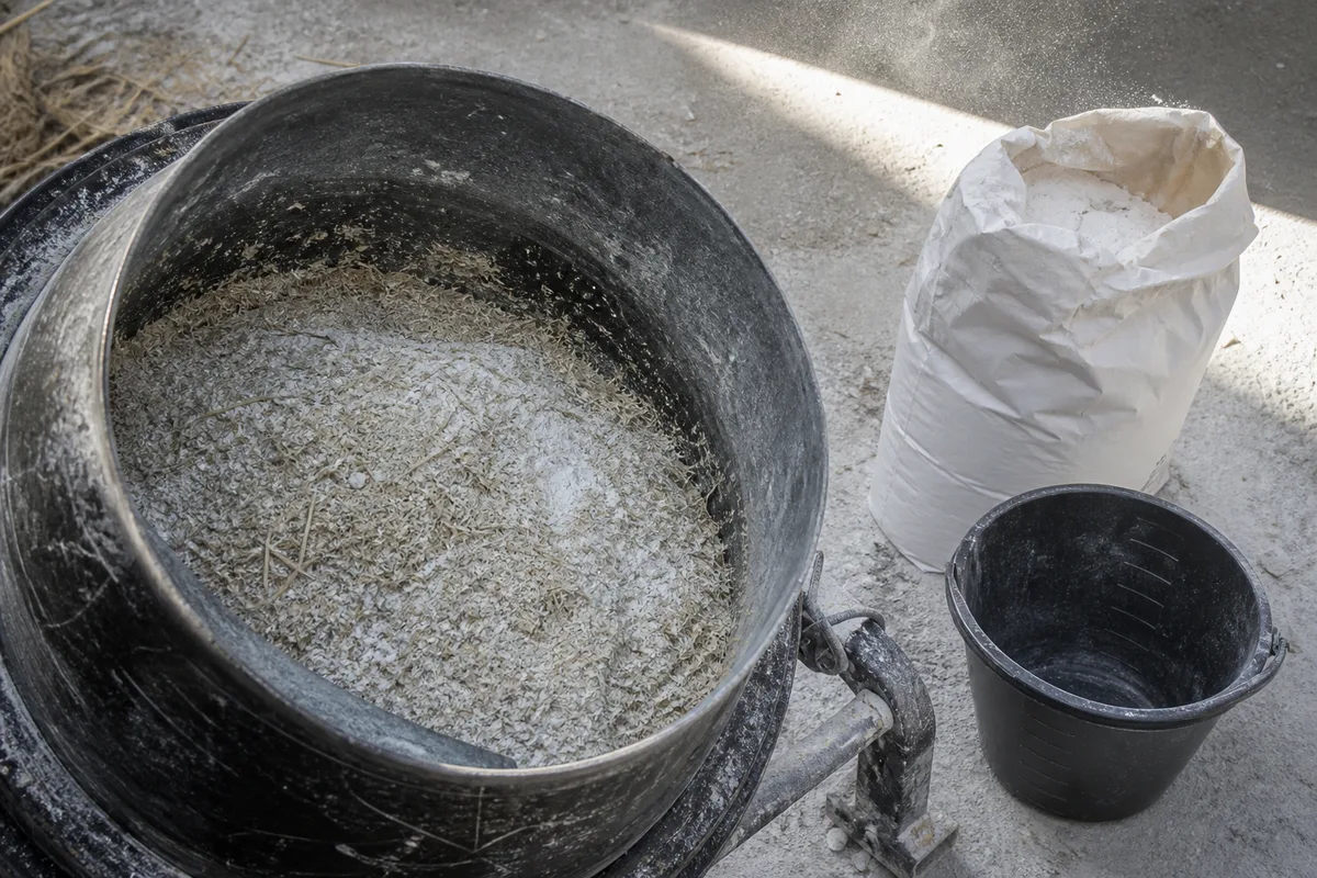 Malaxeur avec chènevotte et chaux en cours de mélange sur un chantier