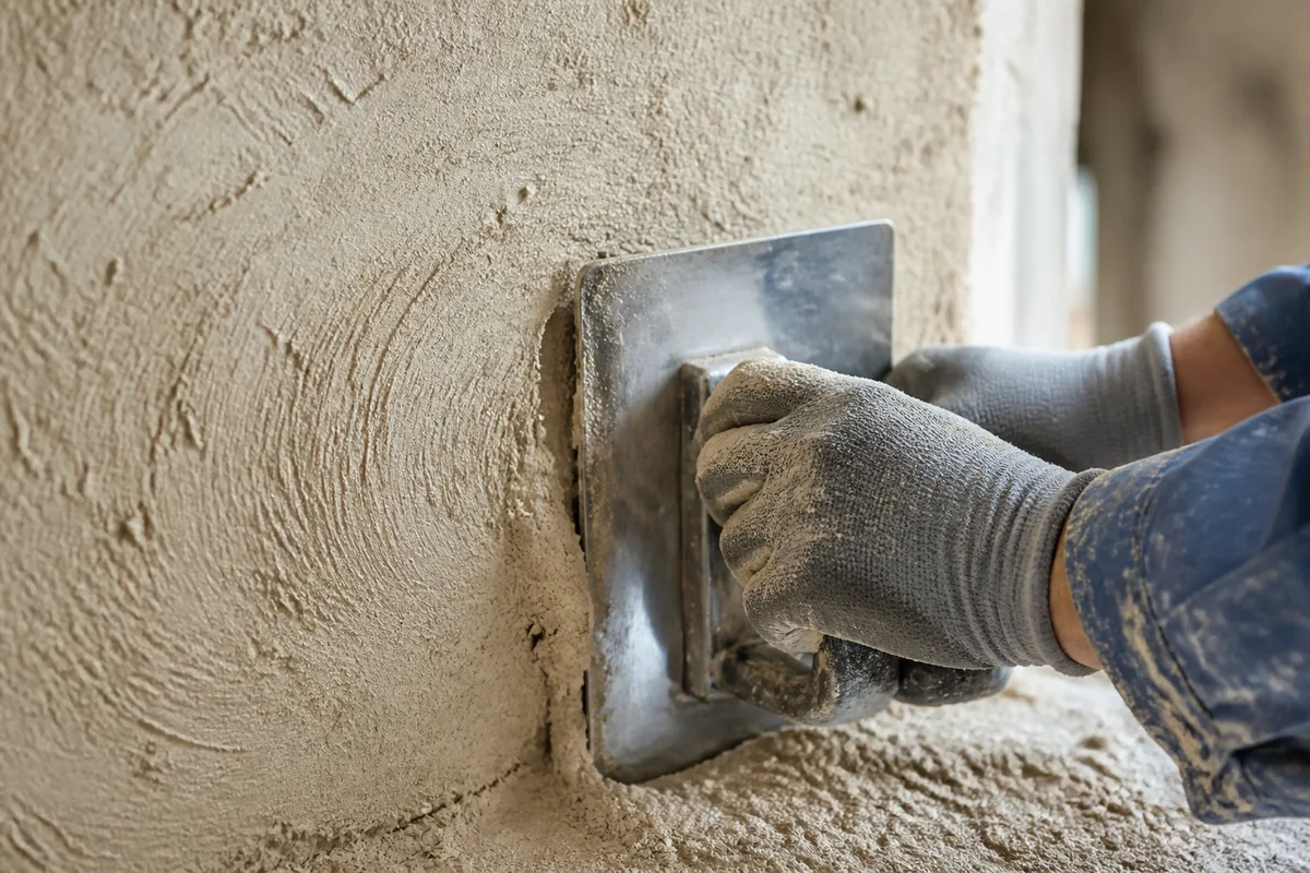 Applicateur talochant un enduit chaux chanvre sur un mur intérieur