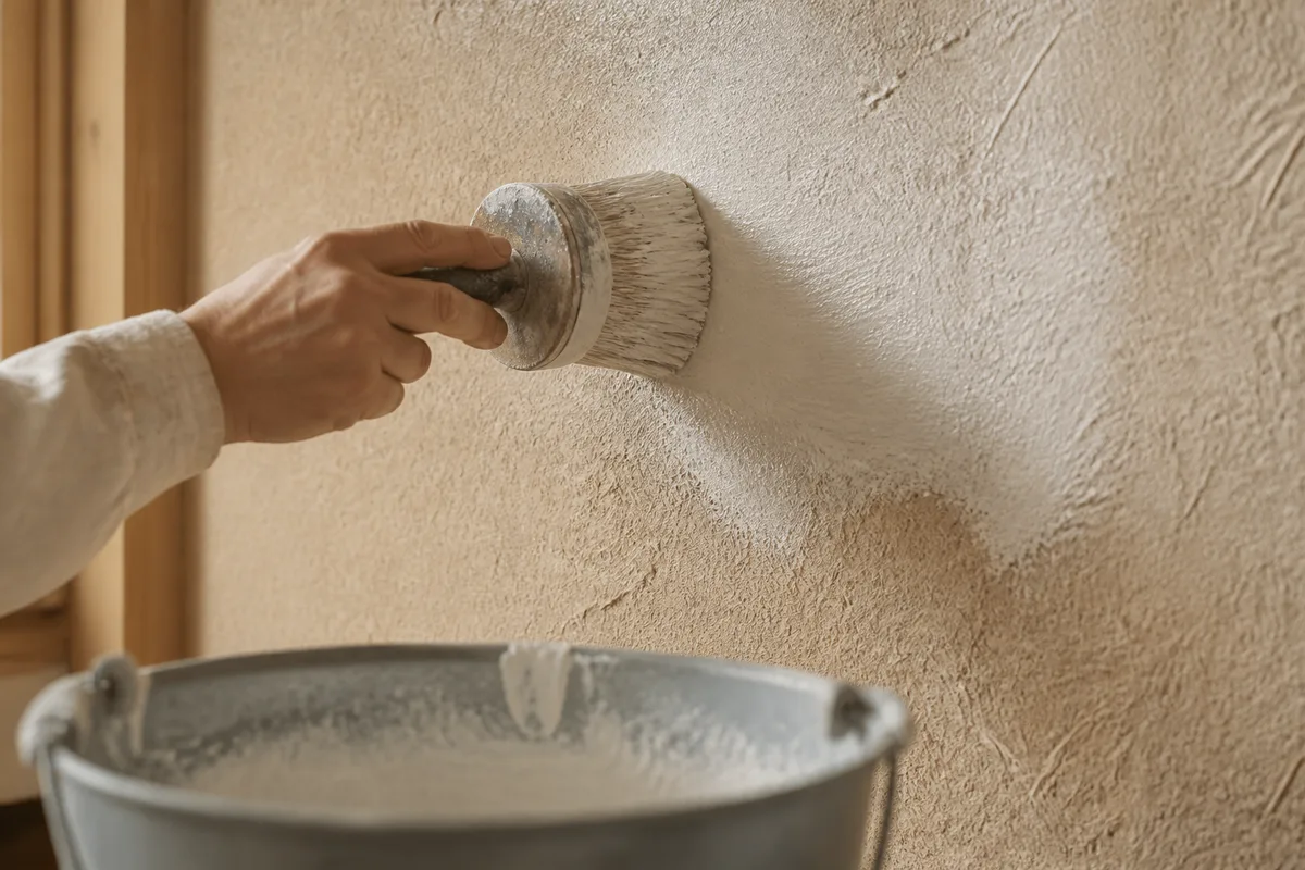 Badigeon de chaux appliqué à la brosse sur un enduit chanvre sec