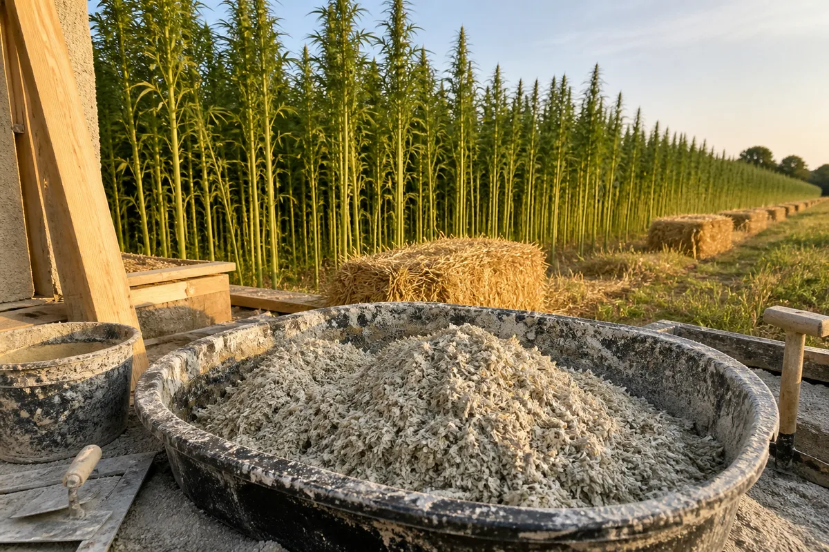 Mélange de chènevotte et de chaux préparé sur un chantier