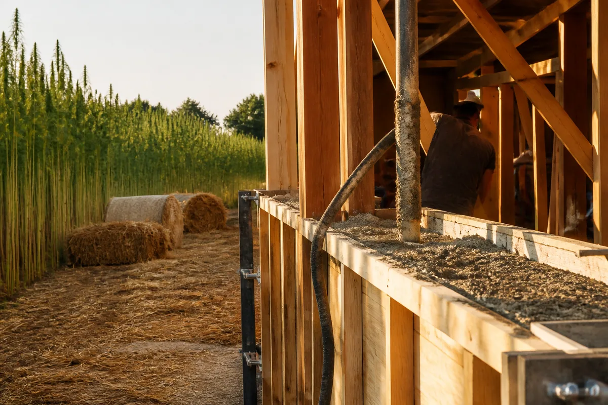 Mise en oeuvre de béton de chanvre banché autour d&rsquo;une ossature bois