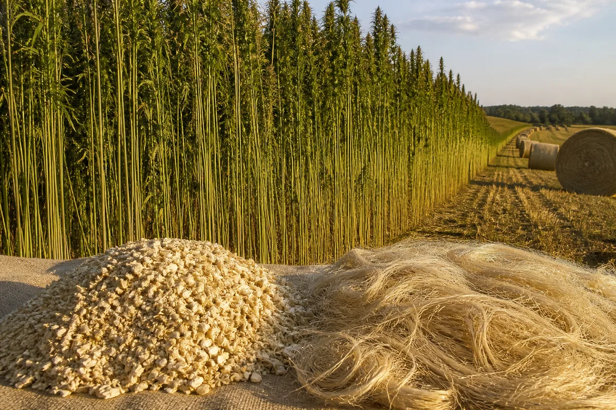 Chenevotte calibrée et fibres de chanvre séparées côte à côte