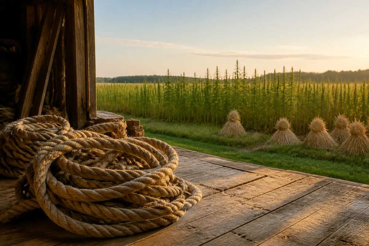 Cordages de chanvre enroulés sur un plancher d&rsquo;atelier