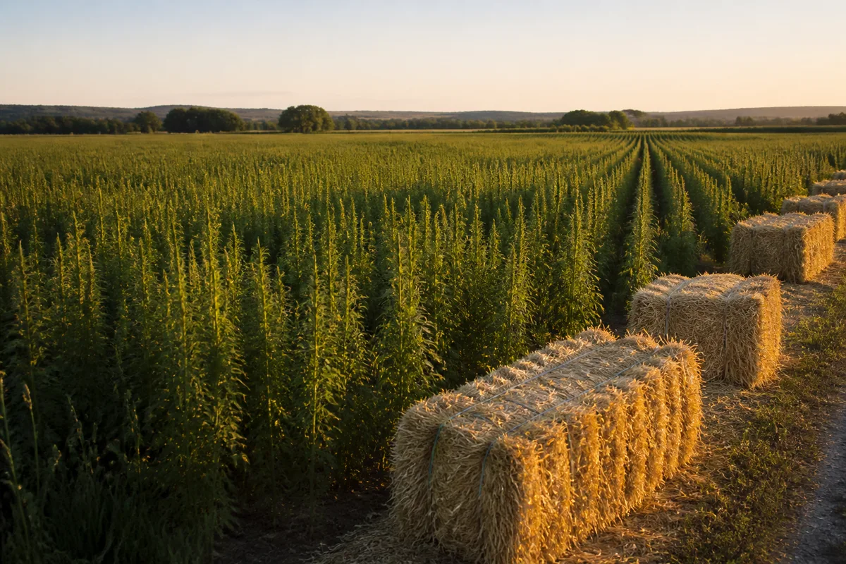 Andains de paille de chanvre laissés à rouir dans une plaine agricole en fin d'été